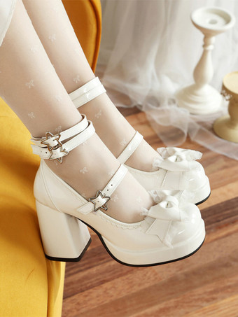 スウィートロリータシューズ ブルーのハトメとリボン、レースのラウンドトゥ、PUレザーのチャンキーヒールロリータパンプス