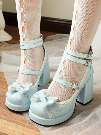 ブルー スウィートロリータシューズ ブルーのハトメとリボン、レースのラウンドトゥ、PUレザーのチャンキーヒールロリータパンプス