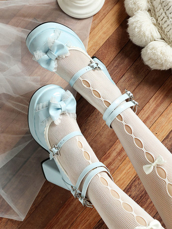 スウィートロリータシューズ ブルーのハトメとリボン、レースのラウンドトゥ、PUレザーのチャンキーヒールロリータパンプス