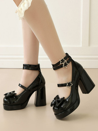 ブラック スウィートロリータシューズ ブルーのハトメとリボン、レースのラウンドトゥ、PUレザーのチャンキーヒールロリータパンプス