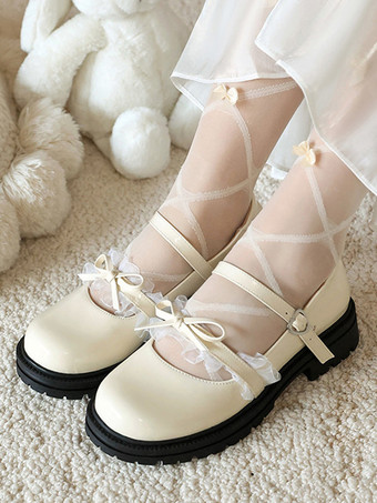 アイボリー スウィートロリータシューズ ブルーレースリボン ラウンドトゥ PUレザー フラットロリータパンプス