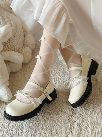 スウィートロリータシューズ ブルーレースリボン ラウンドトゥ PUレザー フラットロリータパンプス