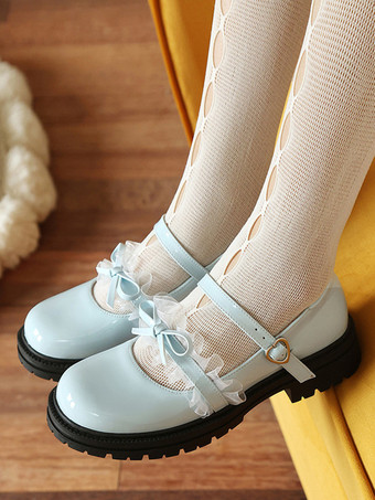ブルー スウィートロリータシューズ ブルーレースリボン ラウンドトゥ PUレザー フラットロリータパンプス