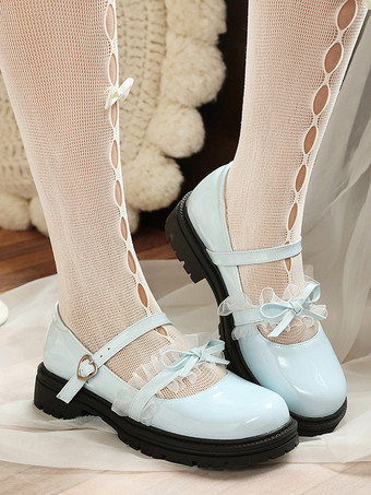 スウィートロリータシューズ ブルーレースリボン ラウンドトゥ PUレザー フラットロリータパンプス