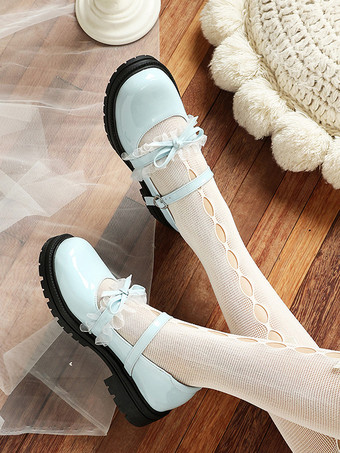 スウィートロリータシューズ ブルーレースリボン ラウンドトゥ PUレザー フラットロリータパンプス