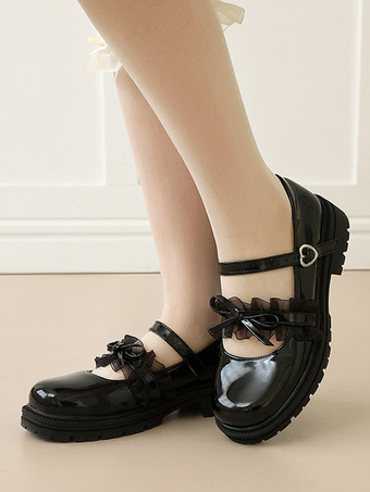 ブラック スウィートロリータシューズ ブルーレースリボン ラウンドトゥ PUレザー フラットロリータパンプス