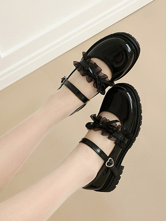 スウィートロリータシューズ ブルーレースリボン ラウンドトゥ PUレザー フラットロリータパンプス