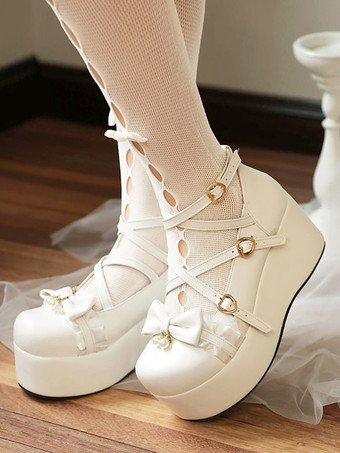 ホワイト スウィートロリータシューズ ピンクのリボン レース ラウンドトゥ PUレザー プラットフォーム ロリータパンプス