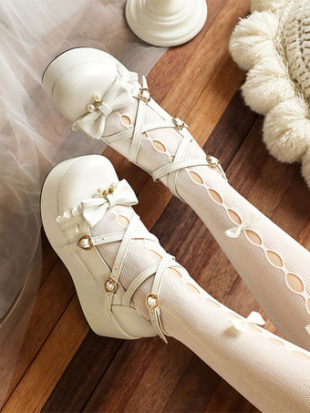 スウィートロリータシューズ ピンクのリボン レース ラウンドトゥ PUレザー プラットフォーム ロリータパンプス