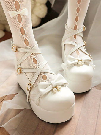 スウィートロリータシューズ ピンクのリボン レース ラウンドトゥ PUレザー プラットフォーム ロリータパンプス