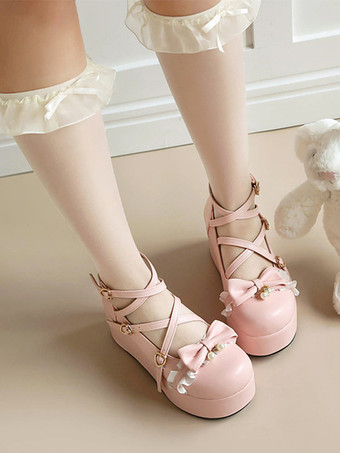 ピンク スウィートロリータシューズ ピンクのリボン レース ラウンドトゥ PUレザー プラットフォーム ロリータパンプス