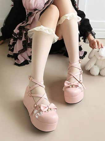 スウィートロリータシューズ ピンクのリボン レース ラウンドトゥ PUレザー プラットフォーム ロリータパンプス