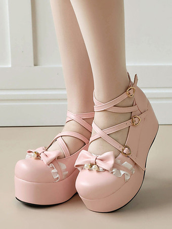 スウィートロリータシューズ ピンクのリボン レース ラウンドトゥ PUレザー プラットフォーム ロリータパンプス