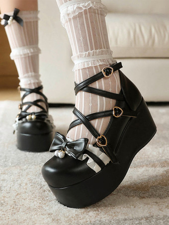 ブラック スウィートロリータシューズ ピンクのリボン レース ラウンドトゥ PUレザー プラットフォーム ロリータパンプス