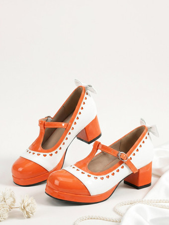 オレンジロリータ風メリージェーンシューズ、オレンジのリボン、ラウンドトゥ、エナメルレザー、チャンキーヒールのロリータパンプス
