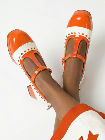 ロリータ風メリージェーンシューズ、オレンジのリボン、ラウンドトゥ、エナメルレザー、チャンキーヒールのロリータパンプス