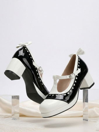 ホワイト ロリータ風メリージェーンシューズ、オレンジのリボン、ラウンドトゥ、エナメルレザー、チャンキーヒールのロリータパンプス