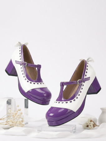 パープル ロリータ風メリージェーンシューズ、オレンジのリボン、ラウンドトゥ、エナメルレザー、チャンキーヒールのロリータパンプス