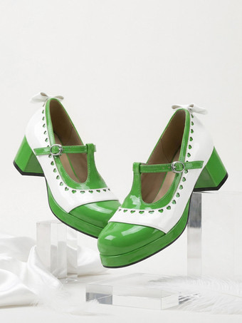 グリーン ロリータ風メリージェーンシューズ、オレンジのリボン、ラウンドトゥ、エナメルレザー、チャンキーヒールのロリータパンプス
