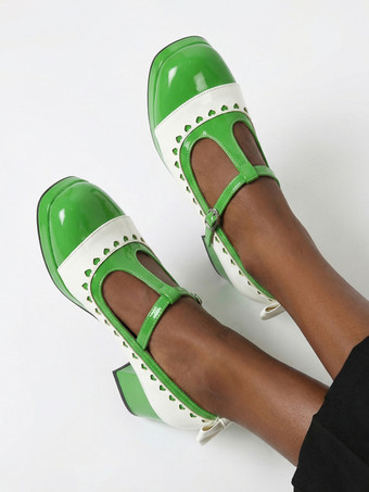 ロリータ風メリージェーンシューズ、オレンジのリボン、ラウンドトゥ、エナメルレザー、チャンキーヒールのロリータパンプス