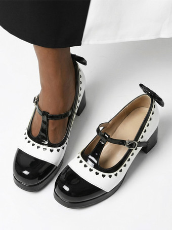 ブラック ロリータ風メリージェーンシューズ、オレンジのリボン、ラウンドトゥ、エナメルレザー、チャンキーヒールのロリータパンプス