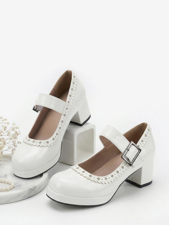 ホワイト スウィートロリータシューズ ローズリボン パテントレザー チャンキーヒール ロリータシューズ