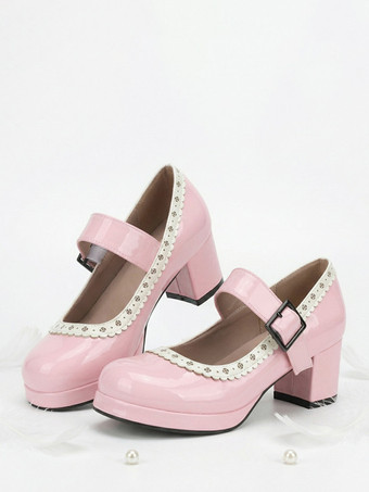 ピンク スウィートロリータシューズ ローズリボン パテントレザー チャンキーヒール ロリータシューズ