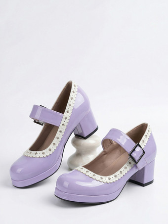 パープル スウィートロリータシューズ ローズリボン パテントレザー チャンキーヒール ロリータシューズ