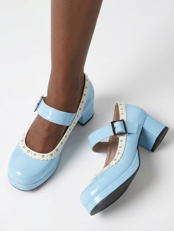 ブルー スウィートロリータシューズ ローズリボン パテントレザー チャンキーヒール ロリータシューズ