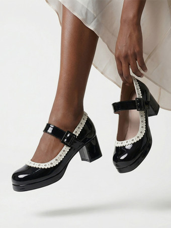 ブラック スウィートロリータシューズ ローズリボン パテントレザー チャンキーヒール ロリータシューズ