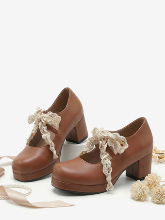 ブラウンスウィートロリータ メリージェーンシューズ パープルリボン レースストラップ パテントレザー チャンキーヒール ロリータパンプス