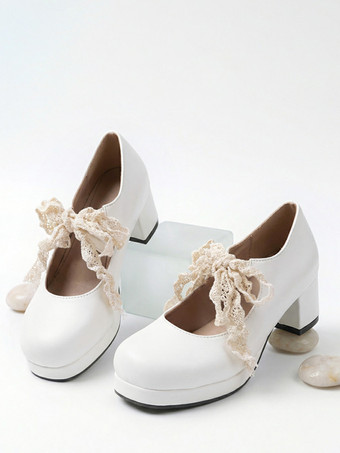 ホワイト スウィートロリータ メリージェーンシューズ パープルリボン レースストラップ パテントレザー チャンキーヒール ロリータパンプス