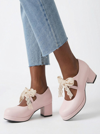 ピンク スウィートロリータ メリージェーンシューズ パープルリボン レースストラップ パテントレザー チャンキーヒール ロリータパンプス