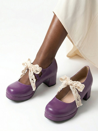 パープル スウィートロリータ メリージェーンシューズ パープルリボン レースストラップ パテントレザー チャンキーヒール ロリータパンプス