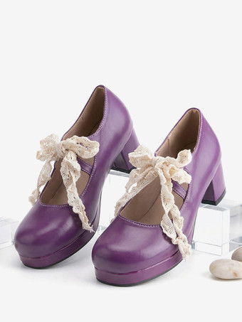 スウィートロリータ メリージェーンシューズ パープルリボン レースストラップ パテントレザー チャンキーヒール ロリータパンプス