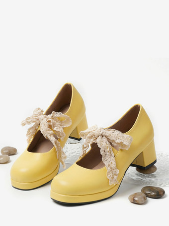 イエロースウィートロリータ メリージェーンシューズ パープルリボン レースストラップ パテントレザー チャンキーヒール ロリータパンプス