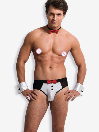 ホワイト＋ブラック男性用セクシー執事ウェイターロールプレイコスチュームTバックナイトクラブウェア