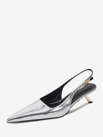 シルバー シルバーのハイヒールパンプス、レディース、ポインテッドトゥ、スリングバック、キトゥンヒールパンプス