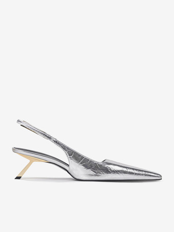 シルバーのハイヒールパンプス、レディース、ポインテッドトゥ、スリングバック、キトゥンヒールパンプス