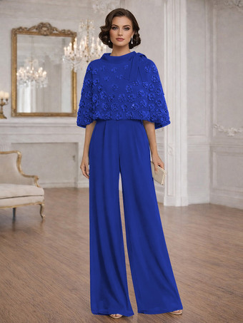 ロイヤルブルー花嫁の母のためのツーピースジャンプスーツ、ジュエルネック、ハーフスリーブ、リボン付き、結婚式ゲストドレス