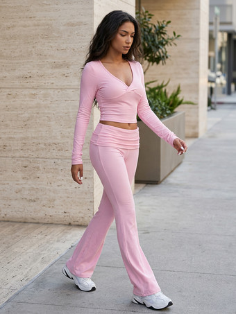 ピンク女性用長袖ツーピースセット - Vネック スリムフィット クロップトップとフレアパンツ ヨガセット - スプリング ジム ラウンジ 2026