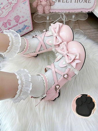 クラシックロリータシューズ ピンクのリボン バニーラビット PUレザー スウィートチャンキーヒール ロリータシューズ