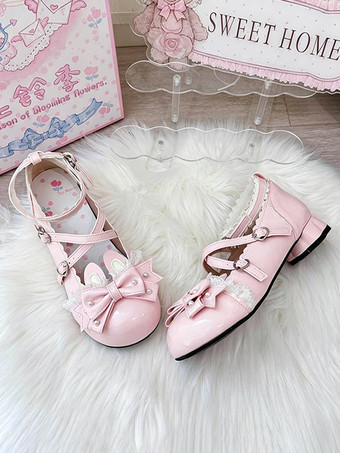 クラシックロリータシューズ ピンクのリボン バニーラビット PUレザー スウィートチャンキーヒール ロリータシューズ