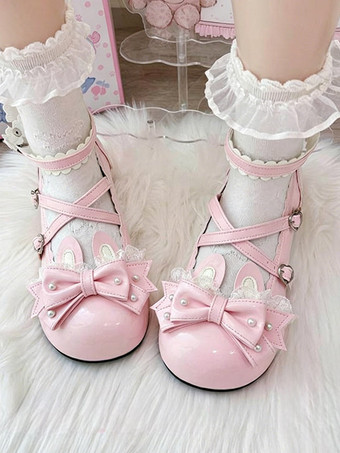 ピンククラシックロリータシューズ ピンクのリボン バニーラビット PUレザー スウィートチャンキーヒール ロリータシューズ