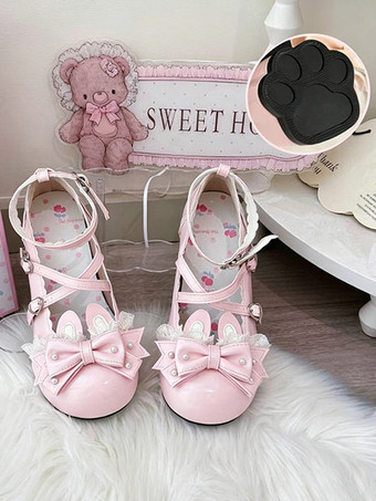 クラシックロリータシューズ ピンクのリボン バニーラビット PUレザー スウィートチャンキーヒール ロリータシューズ