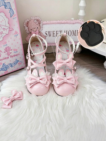 クラシックロリータシューズ ピンクのリボン バニーラビット PUレザー スウィートチャンキーヒール ロリータシューズ