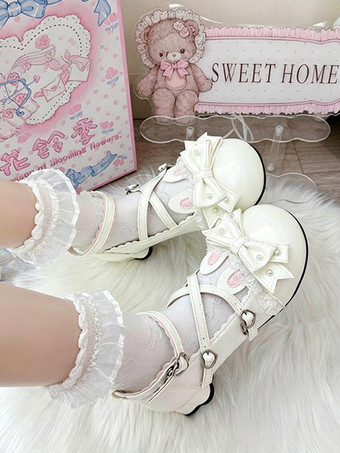 クラシックロリータシューズ ピンクのリボン バニーラビット PUレザー スウィートチャンキーヒール ロリータシューズ