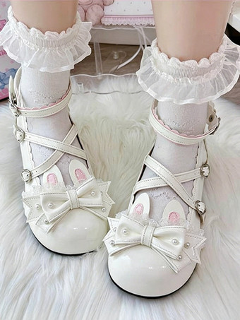 ホワイト クラシックロリータシューズ ピンクのリボン バニーラビット PUレザー スウィートチャンキーヒール ロリータシューズ