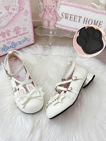 クラシックロリータシューズ ピンクのリボン バニーラビット PUレザー スウィートチャンキーヒール ロリータシューズ