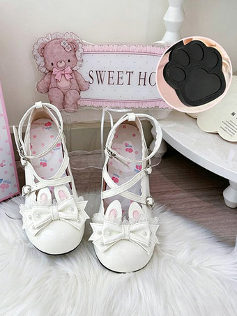 クラシックロリータシューズ ピンクのリボン バニーラビット PUレザー スウィートチャンキーヒール ロリータシューズ